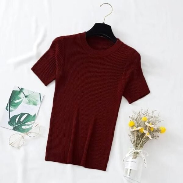 Istyle Can Slim Fit Plain Stretchable Round Neck Rib Knit Short Sleeve Regular Top for Women | T Shirt | Tee