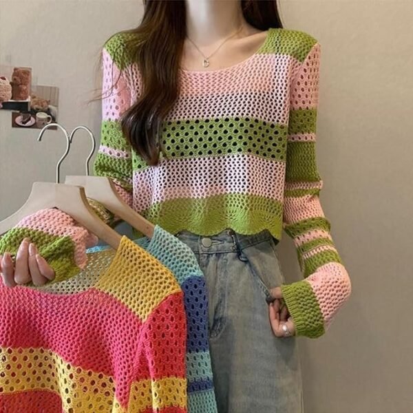 ICW Women's Korean Style Knitted Sheer Crochet Long Sleeve Hollow Out Colour Block Print Crop Top T-Shirt