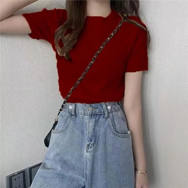 Istyle Can Slim Fit Plain Stretchable Round Neck Rib Knit Short Sleeve Regular Top for Women | T Shirt | Tee