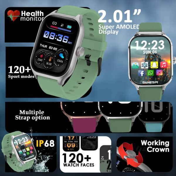GameSir H18 Pro Smartwatch with Long Battery Life, 2.01" High-Resolution Screen, Bluetooth Calling, IP68 Waterproof, TFT Display, Luxury Design for Men & Women (Light Green)